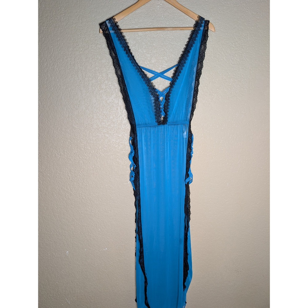 Oh La La Cheri Paris Blue Black Lace Sheer Maxi Lingerie Gown S/M Y2K